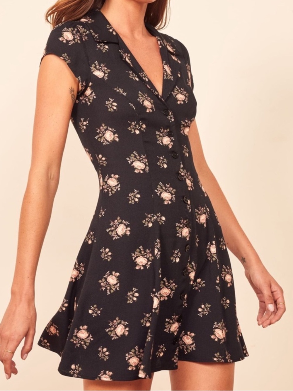 Reformation Dress Concord Mini Collar Button Down in Visalia Black Pink Floral